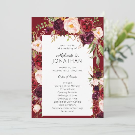 Red Burgundy Marsala Floral Wedding Programme (Debout devant)