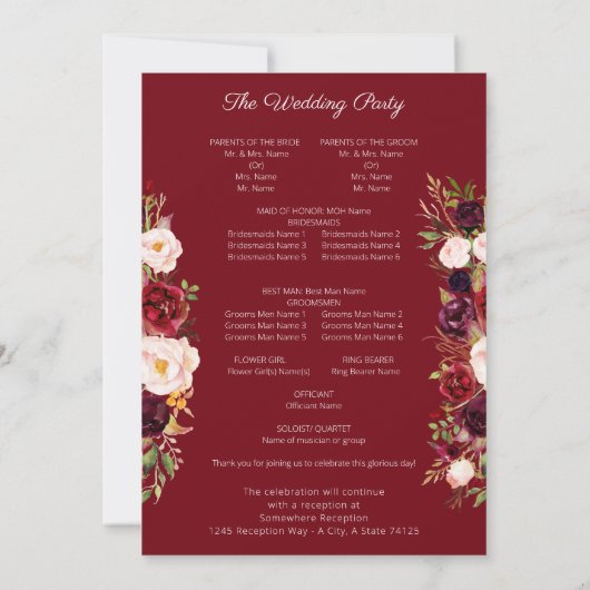 Red Burgundy Marsala Floral Wedding Programme (Dos)