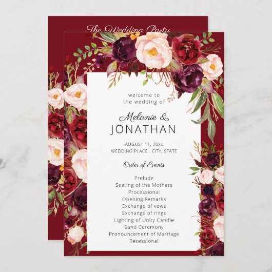 Red Burgundy Marsala Floral Wedding Programme (Devant / Derrière)