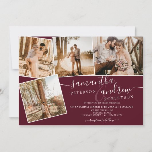 Red burgundy minimalistisch script 5 foto's bruilo kaart (Achterkant)