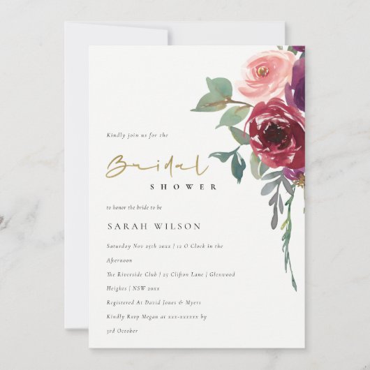 RED BURGUNDY PEACH FLORAL VRIJGEZELLENFEEST INVITE BEDANKKAART (Voorkant)