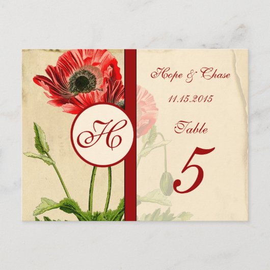  Red Burgundy Poppy Table Number Kaarten (Voorkant)