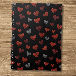 Red Burgundy Silver Glitter Hearts on Black Notitieboek