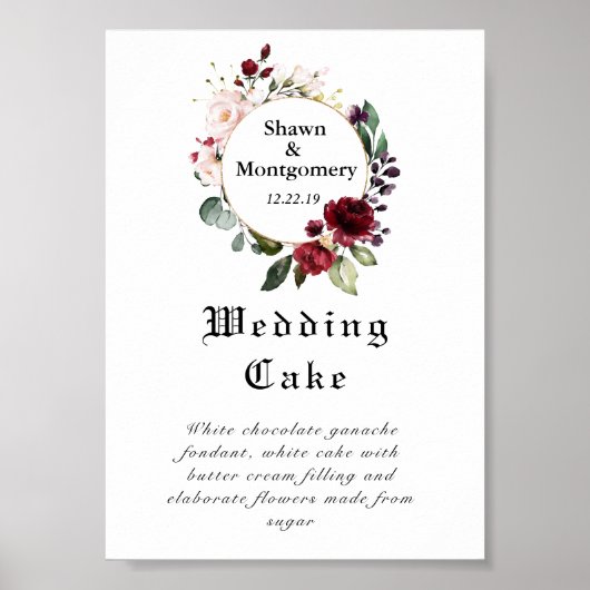 Red Burgundy Wedding Cake Sign Poster (Voorkant)