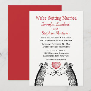 Red Burgundy Wedding Giraffe Love Heart Cartoon Kaart