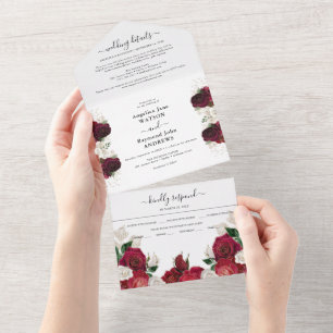 Red Burgundy & White Floral Elegant Wedding All In One Uitnodiging