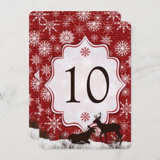Red Burlap, Snowflakes, Deer Wedding Table Number Kaart (Voorkant / Achterkant)
