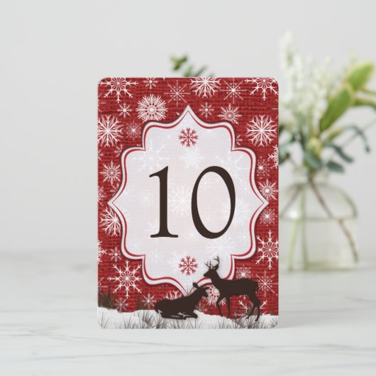 Red Burlap, Snowflakes, Deer Wedding Table Number Kaart (Staand voorkant)