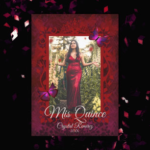 Red Butterflies Folded Quinceanera Invitation Kaart