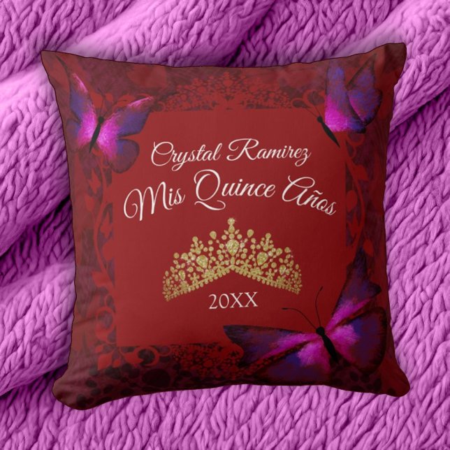 Red Butterflies, Gold Tiara Quinceanera Pillow Kussen (red and gold quinceanera throw pillow, mis quince keepsake, gift for red quinceanera theme)