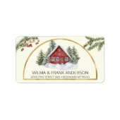 Red Cabin Snow met Evergreens Etiket (Voorkant)