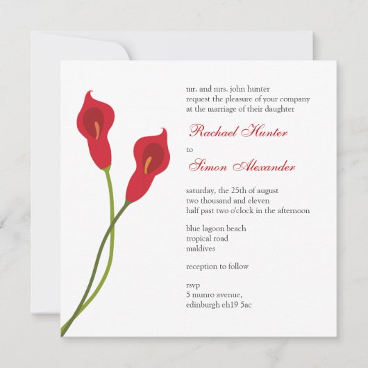 Red Calla Lilies Wedding Kaart (Voorkant)
