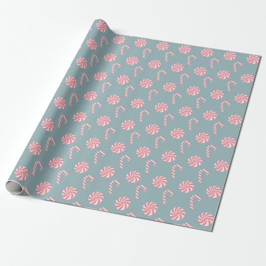 Red Candy Cane Pattern Slate Blue Cadeaupapier (Uitgerold)