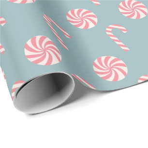 Red Candy Cane Pattern Slate Blue Cadeaupapier