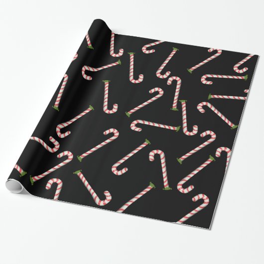 Red Candy Canes Holiday Black Pattern Cadeaupapier (Uitgerold)