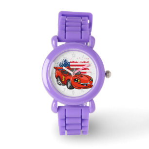 Red car american flag cartoon - Kies achterkleur Horloge