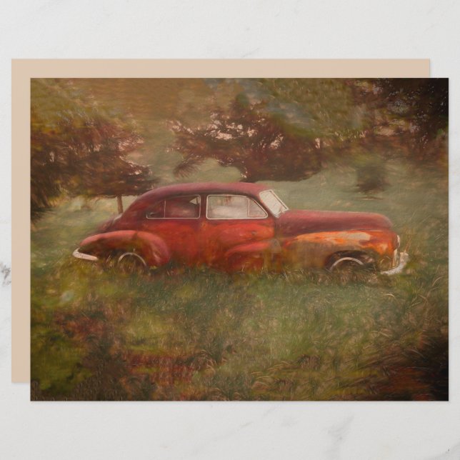  Red Car Antiek oude Rustic Retro Art (Voorkant / Achterkant)