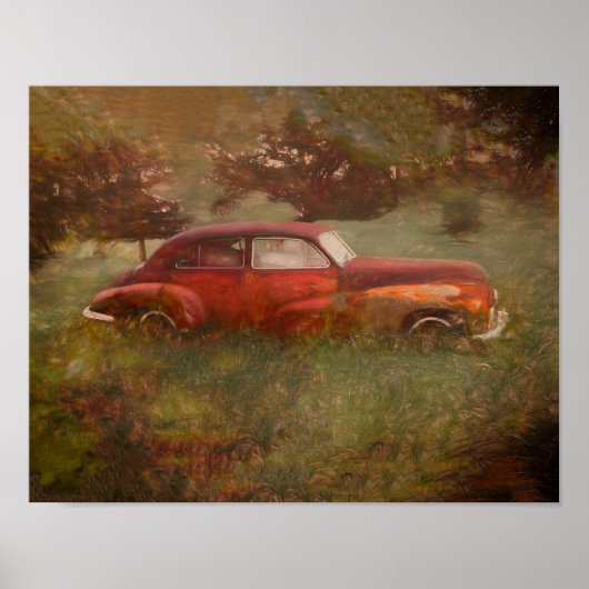 Red Car Antiek oude Rustic Retro Art Poster (Voorkant)