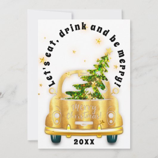 Red Car Kerstmis Brunch Dinner Tree Gold White Kaart (Achterkant)