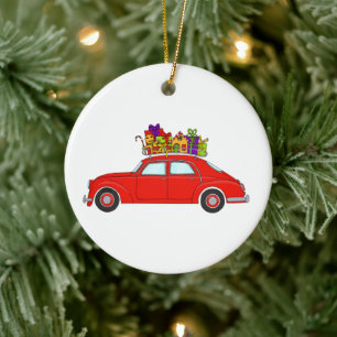 Red Car met kerstcadeaus voor keramisch sieraad Ornament