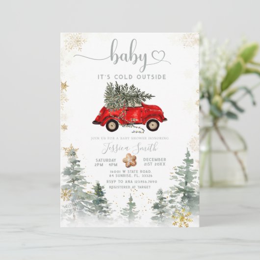 Red Car Pine Tree Winter Baby Shower Invitation Kaart (Staand voorkant)