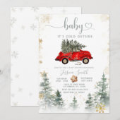 Red Car Pine Tree Winter Baby Shower Invitation Kaart (Voorkant / Achterkant)
