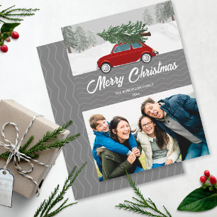 Red Car Truck met kerstboom Gray Zig Zag Chevron Folie Feestdagenkaart