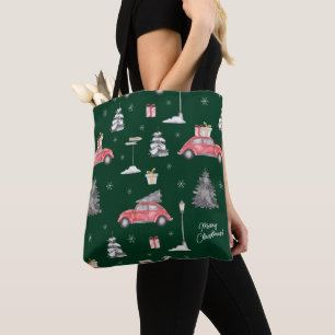 Red Car Winter Pattern Merry kerst Green Draagtas