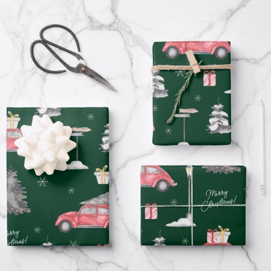 Red Car Winter Pattern Merry kerst Green Inpakpapier Vel (Voorkant)