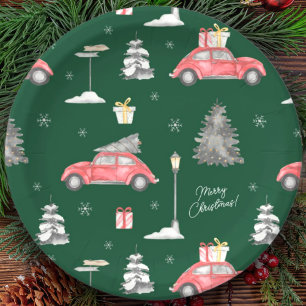 Red Car Winter Pattern Merry kerst Green Papieren Bordje
