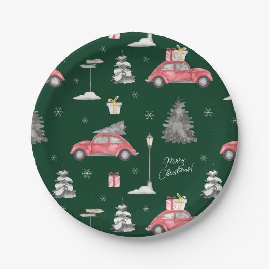 Red Car Winter Pattern Merry kerst Green Papieren Bordje (Voorkant)