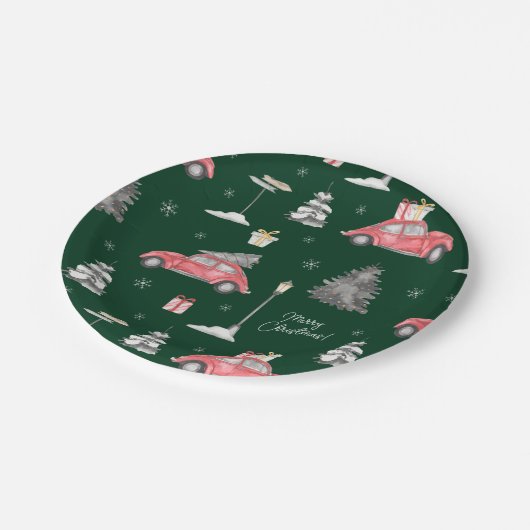 Red Car Winter Pattern Merry kerst Green Papieren Bordje (Gekanteld)