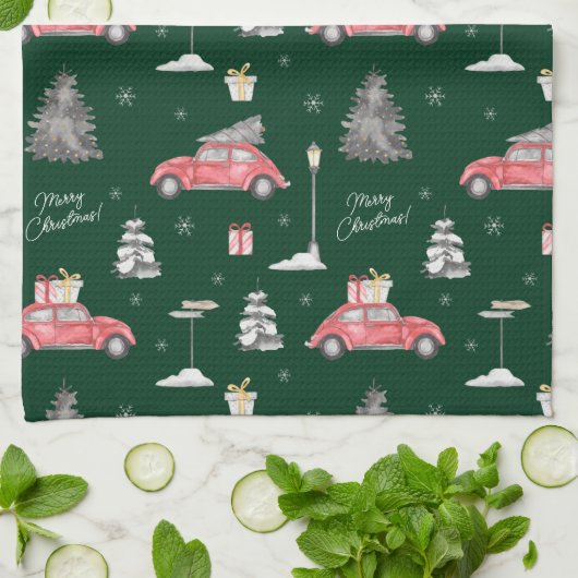 Red Car Winter Pattern Merry kerst Green Theedoek (Gevouwen)