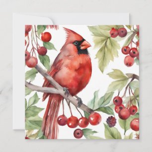 Red Cardinal en Red Berry Branch Kerstmis Feestdagenkaart