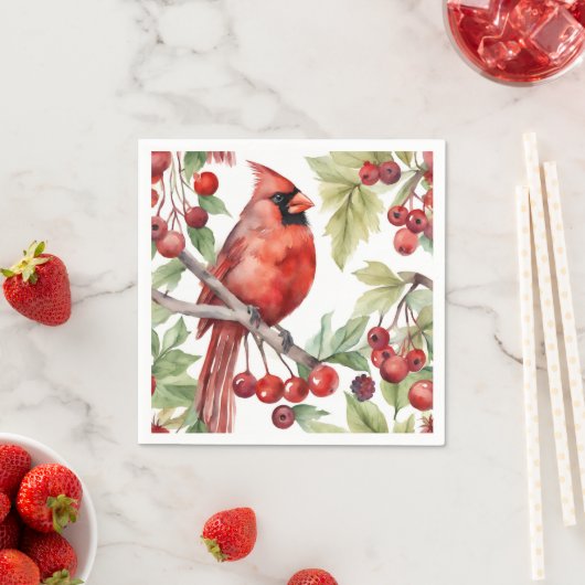 Red Cardinal en Red Berry Branch Kerstmis Servet (Insitu)