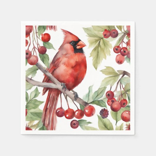 Red Cardinal en Red Berry Branch Kerstmis Servet (Voorkant)