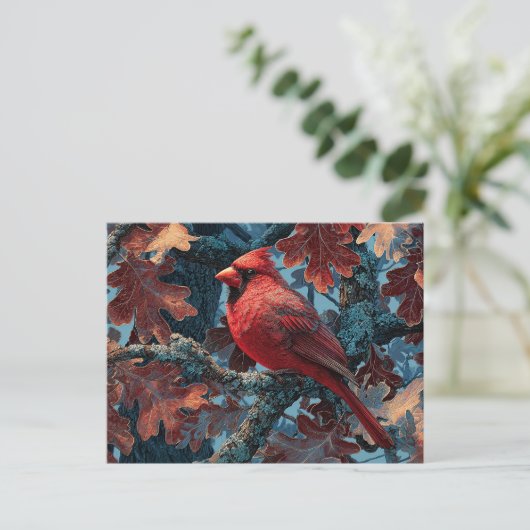 Red Cardinal Perched on Branch Briefkaart (Staand voorkant)