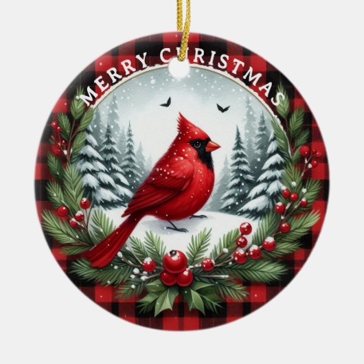 Red Cardinal with Holly Berries Keramisch Ornament (Voorkant)