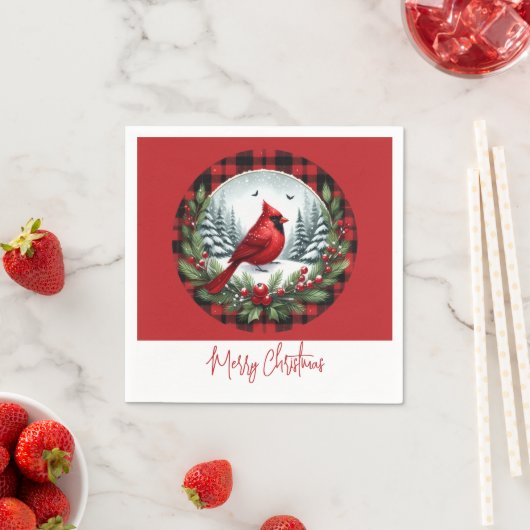Red Cardinal with Holly Berries Servet (Insitu)