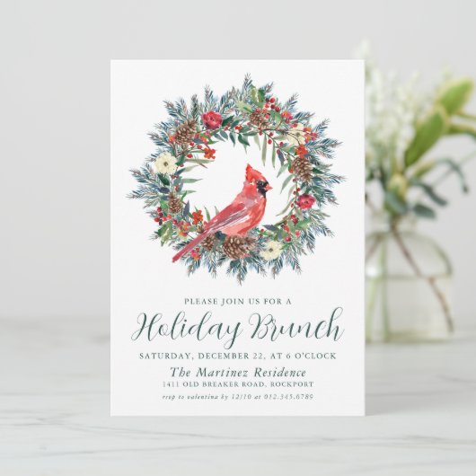 Red Cardinal Wreath Holiday Brunch Kaart (Staand voorkant)