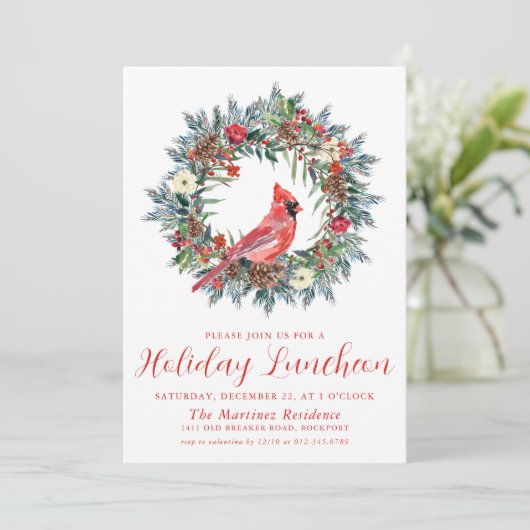 Red Cardinal Wreath Holiday Luncheon Kaart (Staand voorkant)