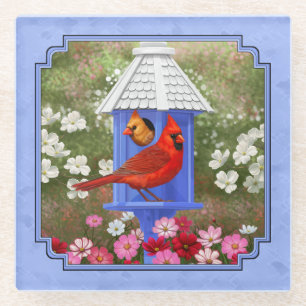 Red Cardinals Bird House Flower Garden Blue Glazen Onderzetter