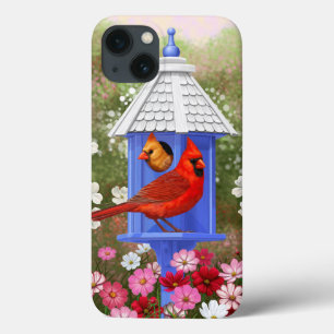 Red Cardinals Bird House Flower Garden iPhone 13 Hoesje