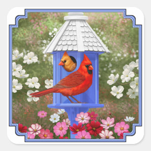 Red Cardinals Bird House Flower Garden Vierkante Sticker