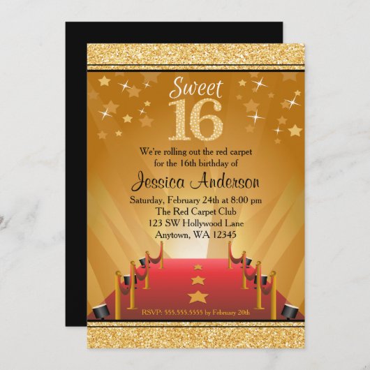 Red Carpet Hollywood Star Gold Sweet 16 Birthday Kaart (Voorkant / Achterkant)