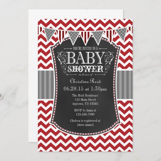 Red Chalkboard Chevron Baby shower Invitation (Devant / Derrière)