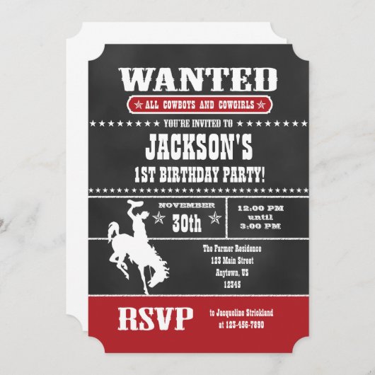 Red Chalkboard Cowboy Invitation d'anniversaire (Devant / Derrière)