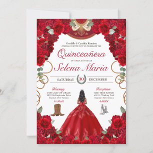 Red Charro Elegant Rozen Quinceanera Kaart