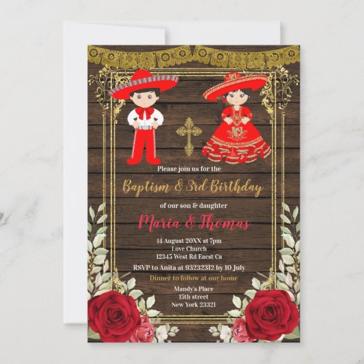 Red Charro Roses Baptême Fiesta Twin Invitation (Devant)