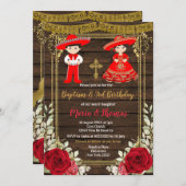 Red Charro Roses Baptême Fiesta Twin Invitation (Devant / Derrière)